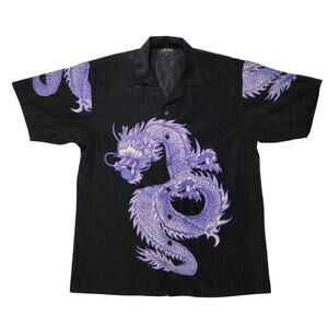 JAWS Men's Dragon Graphic Button-Up Shirt Black Purple Short Sleeve Polyester M